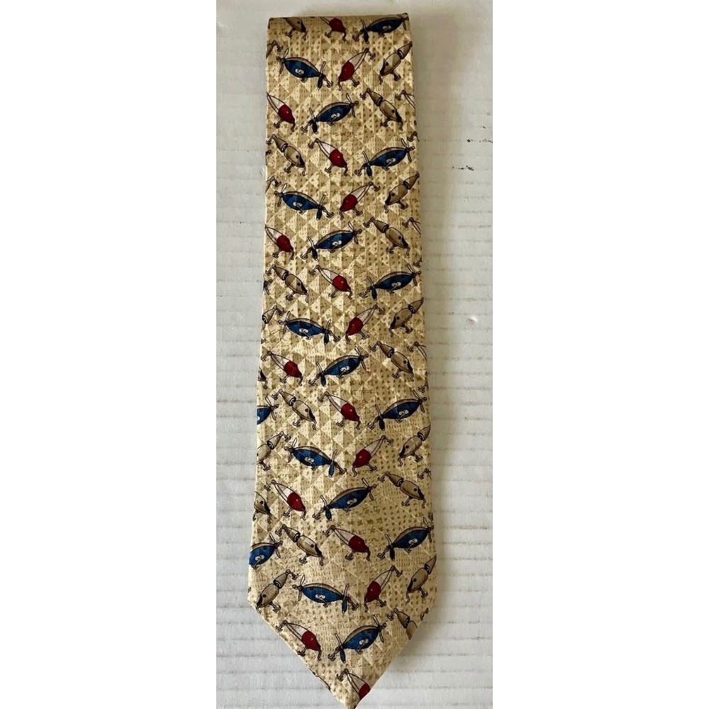 Bob Timberlake Mens Silk Necktie Tan Fishing Lures Novelty Print Made in USA
